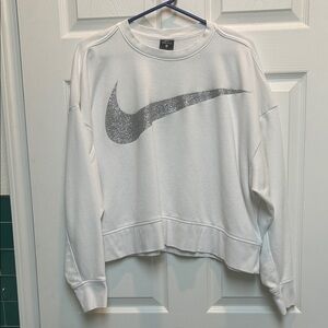 Nike Women's White Sweatshirt with Silver Sparkly Logo